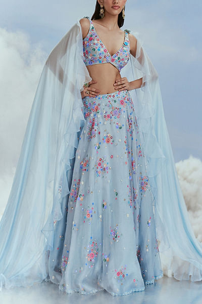 Icy blue floral embroidery lehenga set