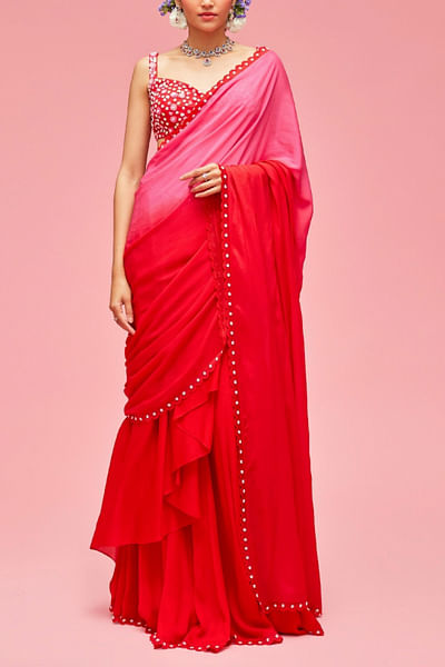 Red and pink ombre sari set