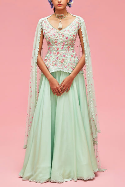 Mint embellished top and lehenga set
