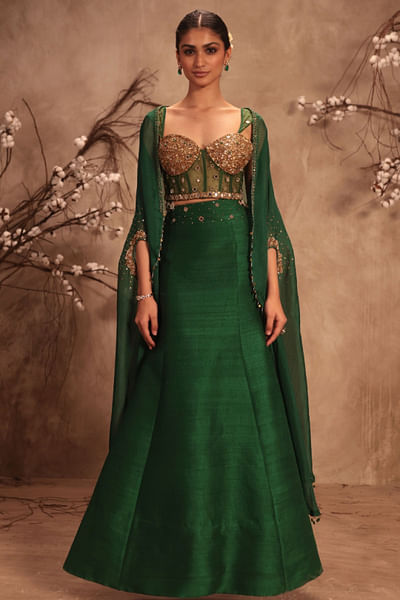 Green embroidered cape and lehenga set