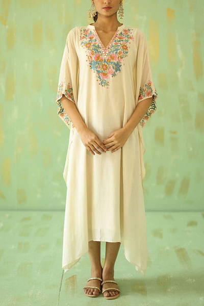 Off white floral embroidered kaftan