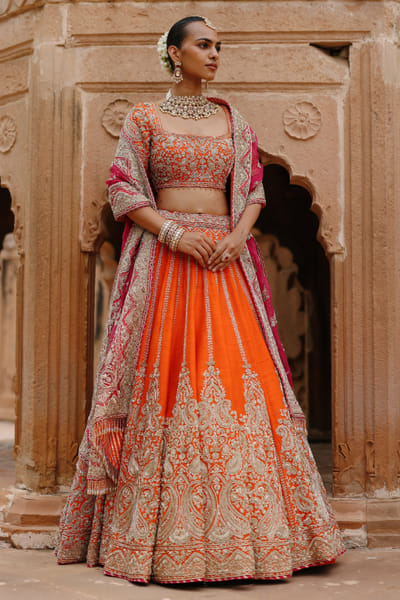 Sheetal Batra Orange and pink hand embroidered lehenga set SHEEAUG26D153075