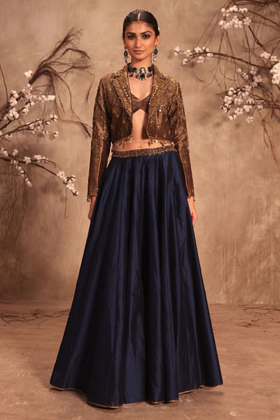Gold and blue embroidered jacket lehenga set