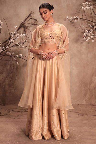Ivory embroidered cape and lehenga set