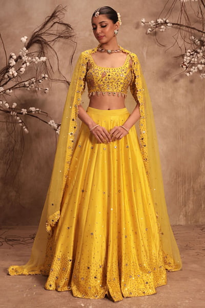 Yellow mirror zardozi embroidered lehenga set