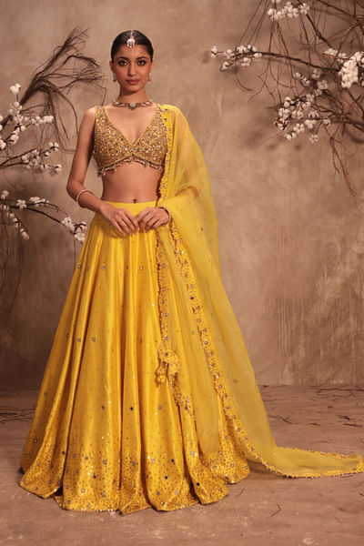 Yellow mirror zardozi embroidery lehenga set