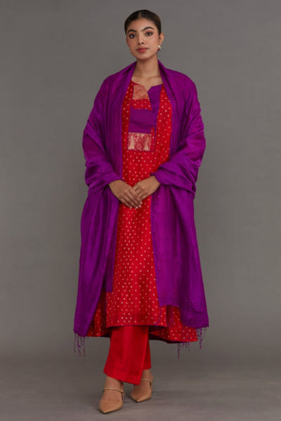Naina Jain Red and purple bandhani silk kurta set NAINMAY26D145189