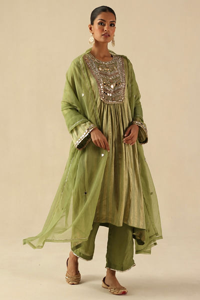 Green mirrorwork kurta set