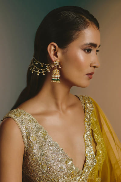 Namasya White kundan polki ear chain earrings NAMAAUG26D152860