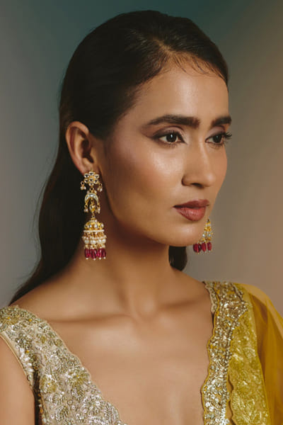 Namasya White and pink kundan jhumka earrings NAMAAUG26D152861
