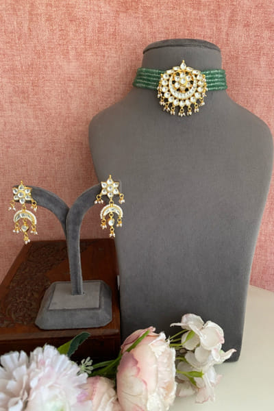Namasya White-mint green kundan layered choker set NAMAMAY26D144208