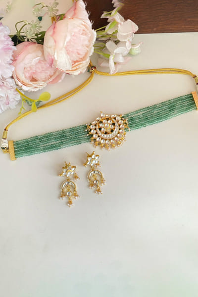 Namasya White-mint green kundan layered choker set NAMAMAY26D144208
