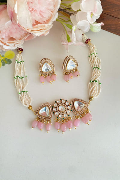 Namasya White-pink moissanite bead layered choker set NAMAMAY26D144210