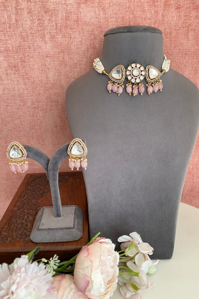 Namasya White-pink moissanite bead layered choker set NAMAMAY26D144210