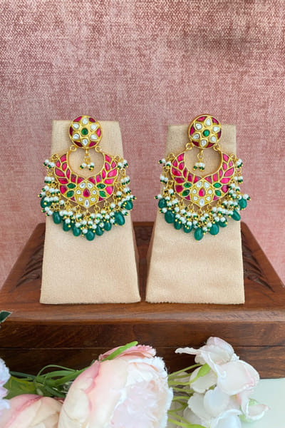 Namasya Pink-green kundan bead chandbalis NAMAMAY26D144211