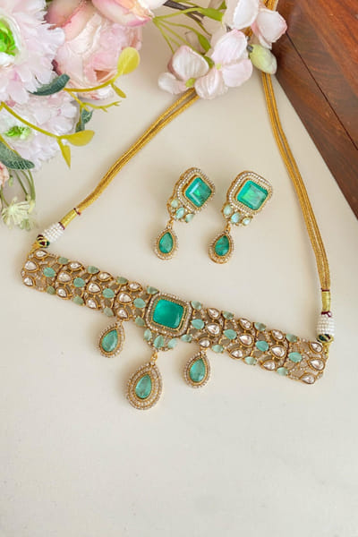 Namasya Mint green-white moissanite pearl choker set NAMAMAY26D144212