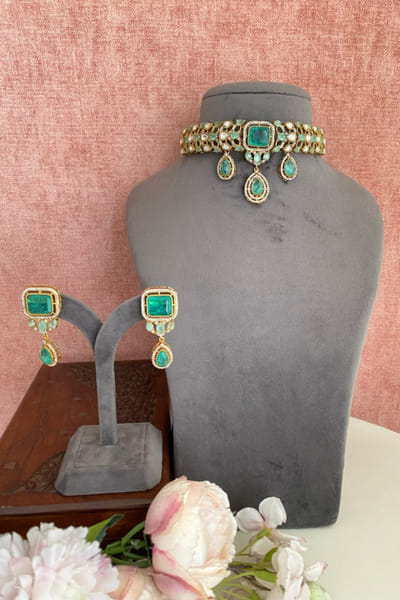Namasya Mint green-white moissanite pearl choker set NAMAMAY26D144212