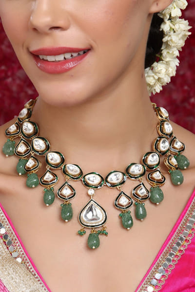 Green kundan and stone meenakari necklace