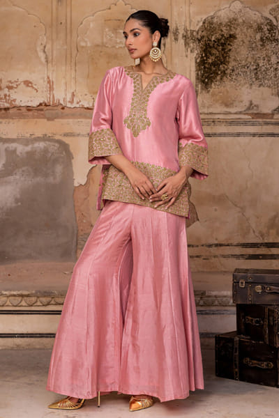 Charu Makkar Antique rose pink dori embroidered sharara set CHARMAY26D144139