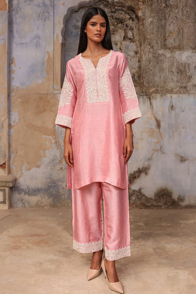 Charu Makkar Powder pink dori embroidered kurta-palazzo set CHARMAY26D144141