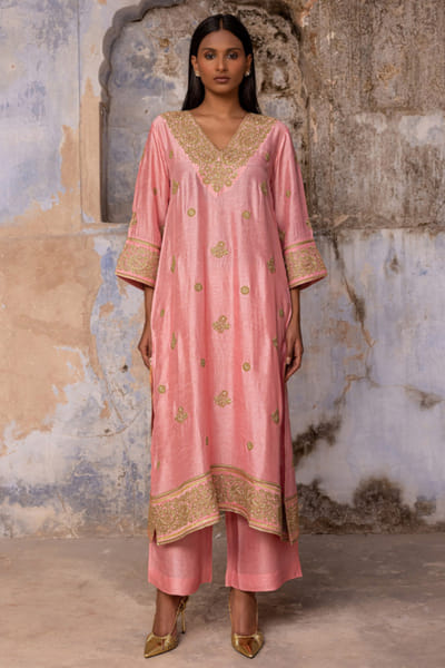 Charu Makkar Powder pink dori embroidered long kurta set CHARMAY26D144146
