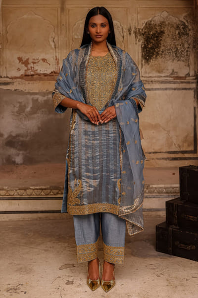 Charu Makkar Blue dori embroidered kurta-farshi salwar set CHARMAY26D144152