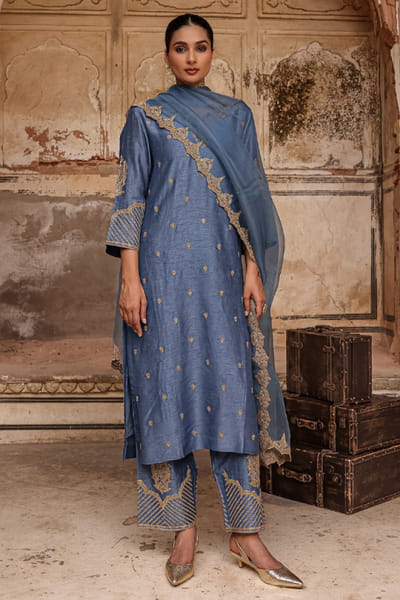 Charu Makkar Moon blue dori embroidered kurta-palazzo set CHARMAY26D144153