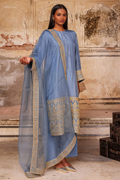 Charu Makkar Moon blue dori embroidered kurta-palazzo set CHARMAY26D144154