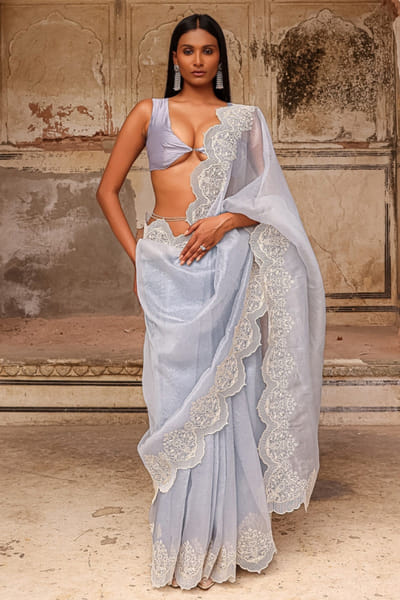 Charu Makkar Ice blue dori embroidered scalloped sari set CHARMAY26D144155