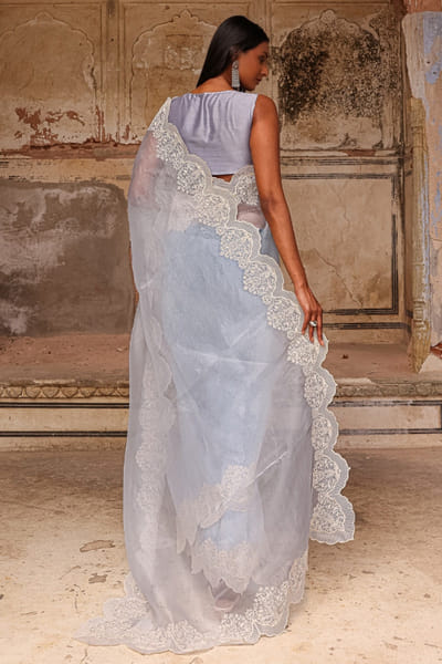 Charu Makkar Ice blue dori embroidered scalloped sari set CHARMAY26D144155