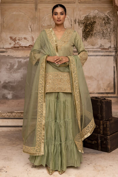 Charu Makkar Sage green dori hand embroidered gharara set CHARMAY26D144156