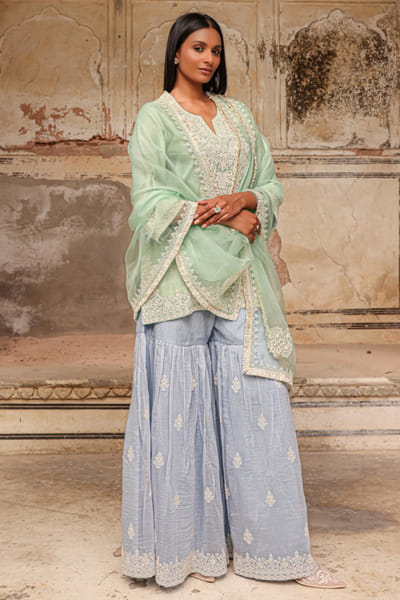 Charu Makkar Green-blue dori hand embroidered gharara set CHARMAY26D144157
