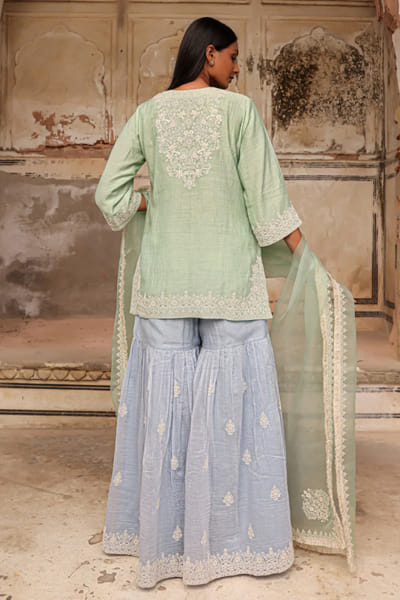 Charu Makkar Green-blue dori hand embroidered gharara set CHARMAY26D144157