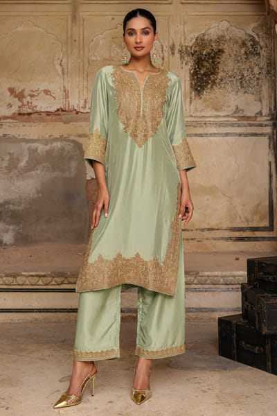 Charu Makkar Sage green gold dori embroidered kurta set CHARMAY26D144160