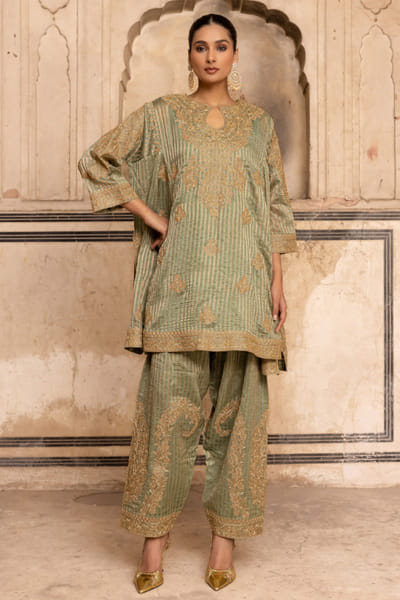 Charu Makkar Sage green dori embroidered stripe kurta set CHARMAY26D144162