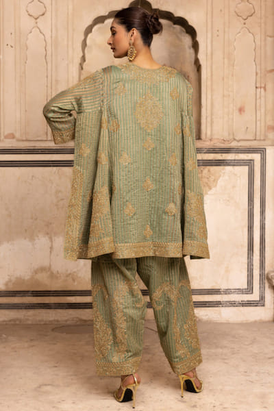 Charu Makkar Sage green dori embroidered stripe kurta set CHARMAY26D144162