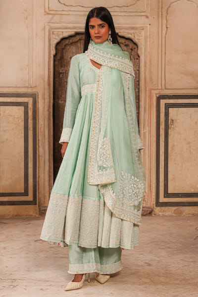 Charu Makkar Tea green dori embroidered kurta-palazzo set CHARMAY26D144163