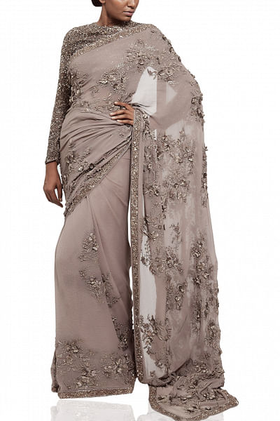 Floral embellished sari in grey