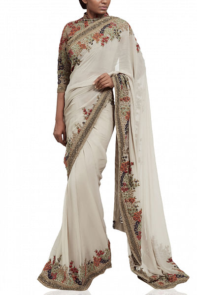 Pista zari kashmiri sari
