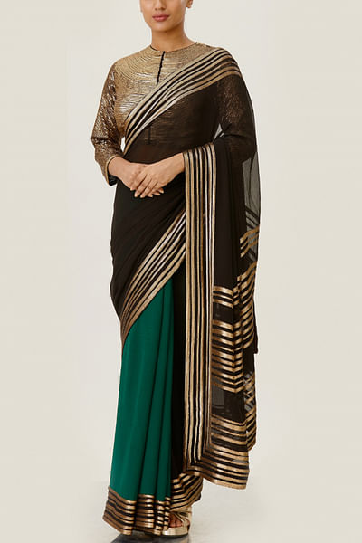 Black & emerald embellished chiffon sari set