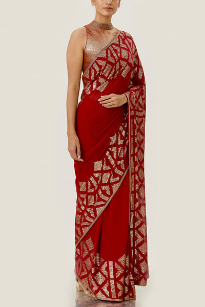 Red ikat embellished chiffon sari