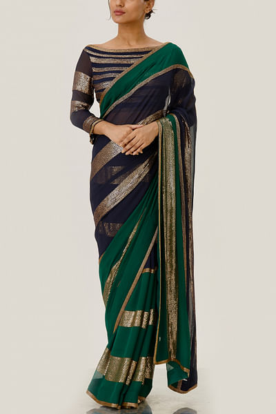 Emerald & navy sequin striped sari