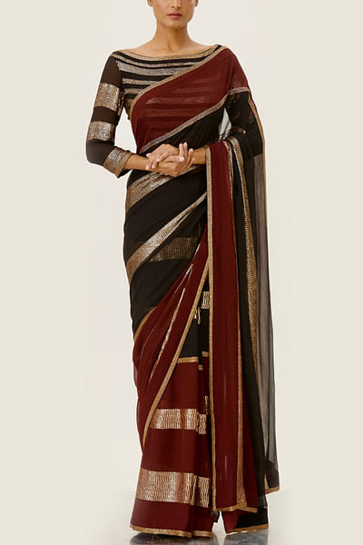 Wine & black sequin striped sari