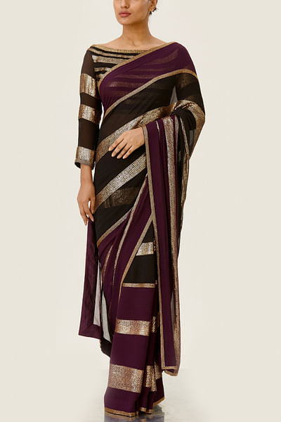 Aubergine & black sequin striped sari