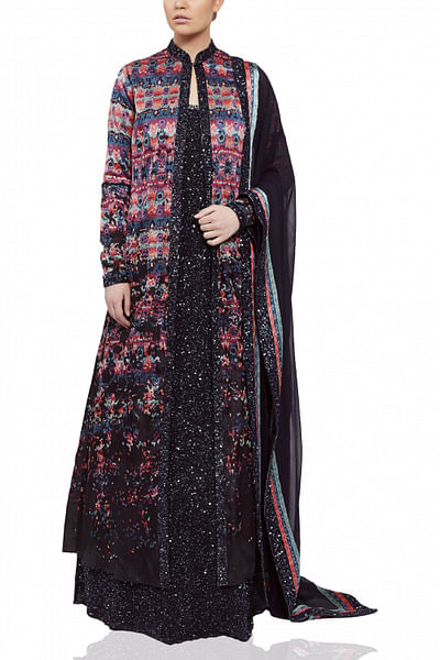 Black ikkat jacket set