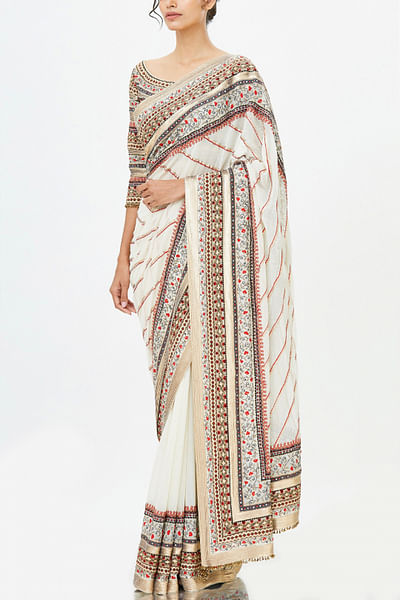Ivory embroidered chiffon sari set