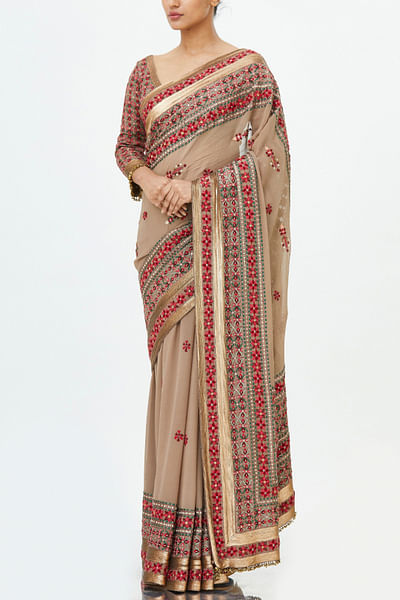 Beige embroidered chiffon sari set