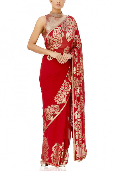 Red sequin embellished chiffon sari set