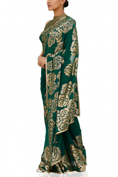 Emerald embellished chiffon sari set