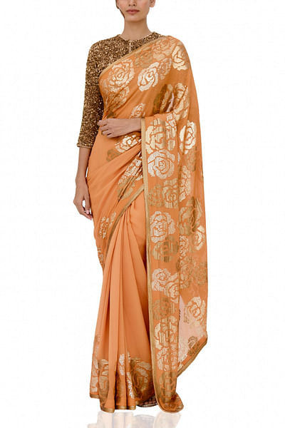 Orange embellished chiffon sari set
